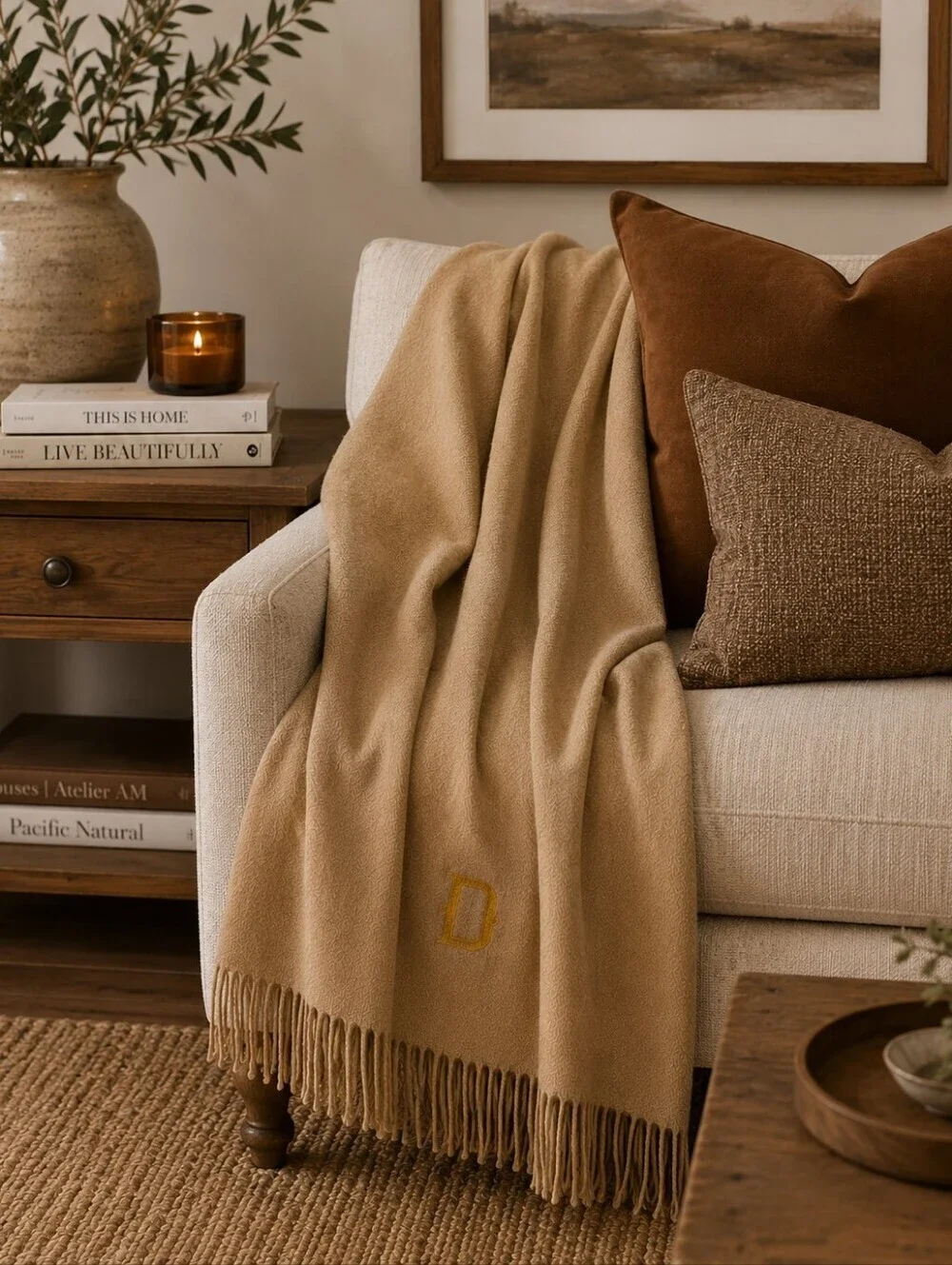 Alpaca Throw Blanket Fringe Tan Monogram D Luxury Soft Warm